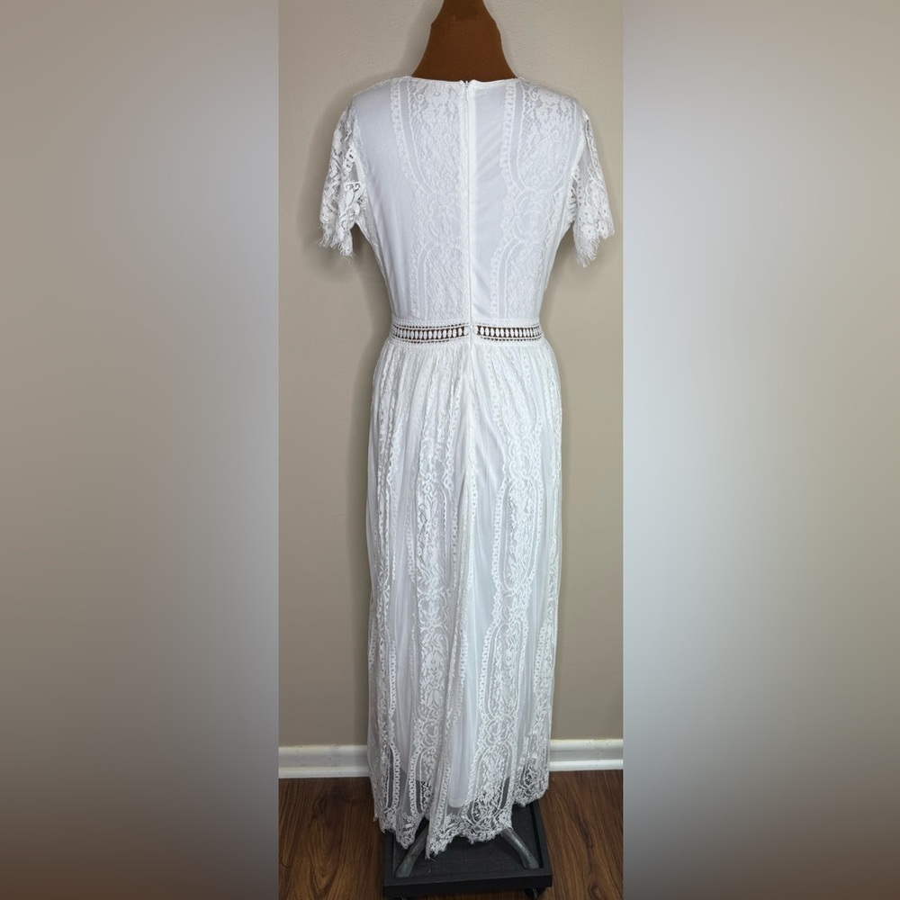 White V Neck Short Sleeve Floral Lace Wedding Bridesmaid Maxi Dress Small - Picture 5 of 10